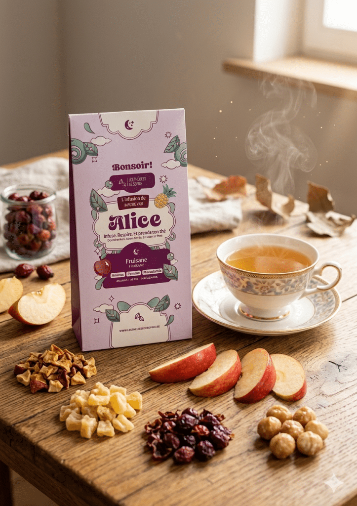 Dites Bonsoir Ă Alice, une fruisane fruitĂ©e Ă la pomme, lâananas et au macadamia. Une douceur joyeuse pour accompagner la soirĂ©e