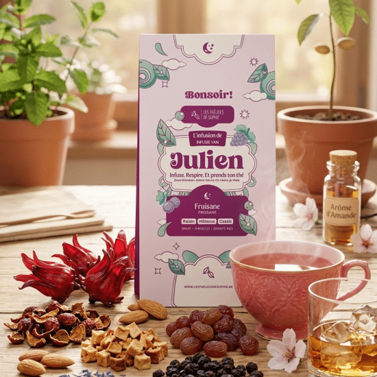 Dites Bonsoir à Julien, une fruisane profonde et fruitée à l’hibiscus, aux raisins et aux cassis. Une intensité douce pour accompagner la soirée