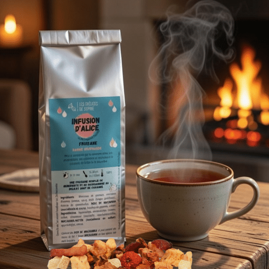 Alliant pomme et caramel l’infusion d’Alice est LE moment gourmand par excellence. A accompagner d’un morceau de chocolat ou d’un banoffee.