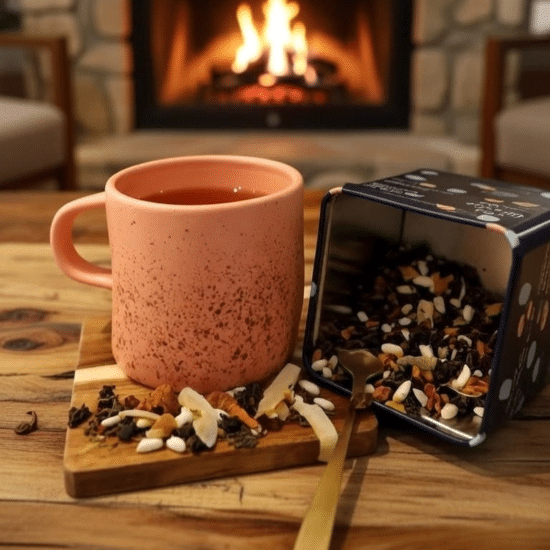 Un mélange de pommes, de thé vert parfumé avec des morceaux de cannelle, des amandes hachées et des tranches de noix de coco.