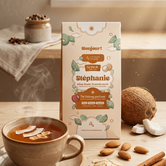 Dites Bonjour au thé de Stéphanie, un Oolong doux et raffiné mêlant pomme, cannelle, coco et amande. Une douceur calme et connaisseuse dans chaque gorgée.