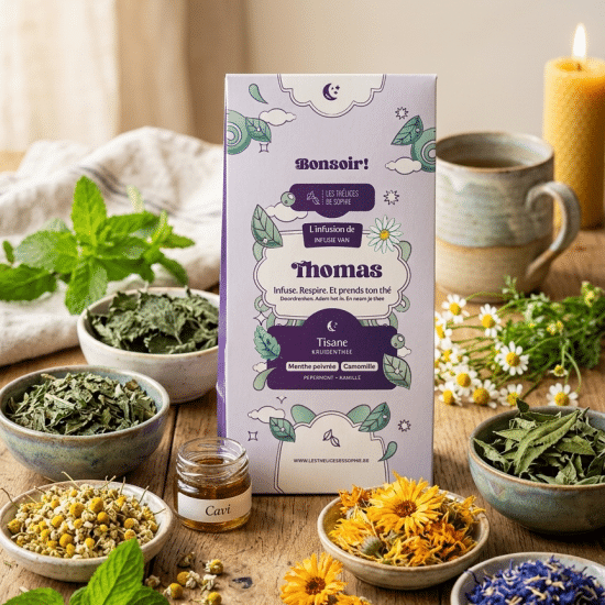 Dites Bonsoir à Thomas, une infusion végétale et apaisante mêlant ortie, menthe, mélisse et fleurs. Un calme réconfortant pour accompagner la soirée.