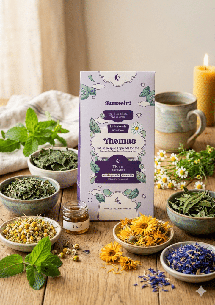 Dites Bonsoir à Thomas, une infusion végétale et apaisante mêlant ortie, menthe, mélisse et fleurs. Un calme réconfortant pour accompagner la soirée.