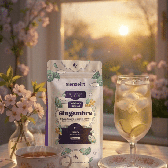 Dites Bonsoir au Gingembre, une infusion chaude et apaisante. Une douceur épicée et réconfortante pour accompagner la soirée.