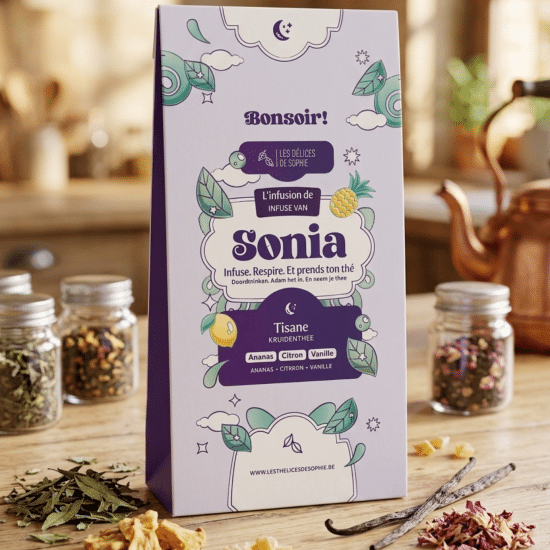 Dites Bonsoir à Sonia, une infusion citronnée, florale et apaisante. Une lumière apaissante qui rend l’esprit plus calme.