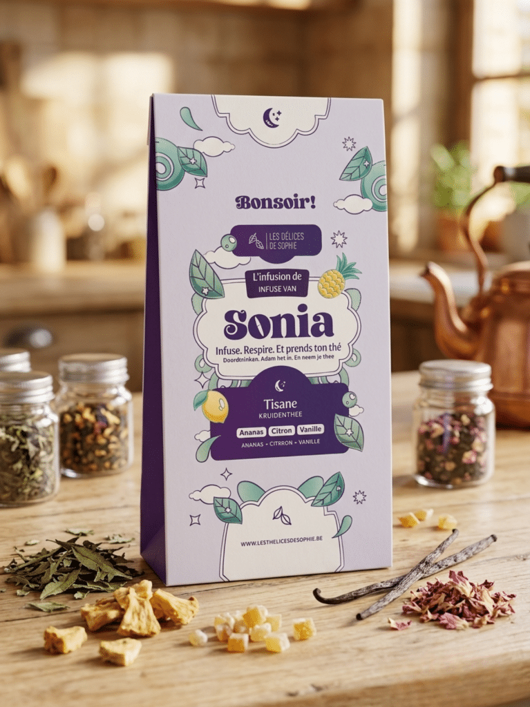 Dites Bonsoir à Sonia, une infusion citronnée, florale et apaisante. Une lumière apaissante qui rend l’esprit plus calme.