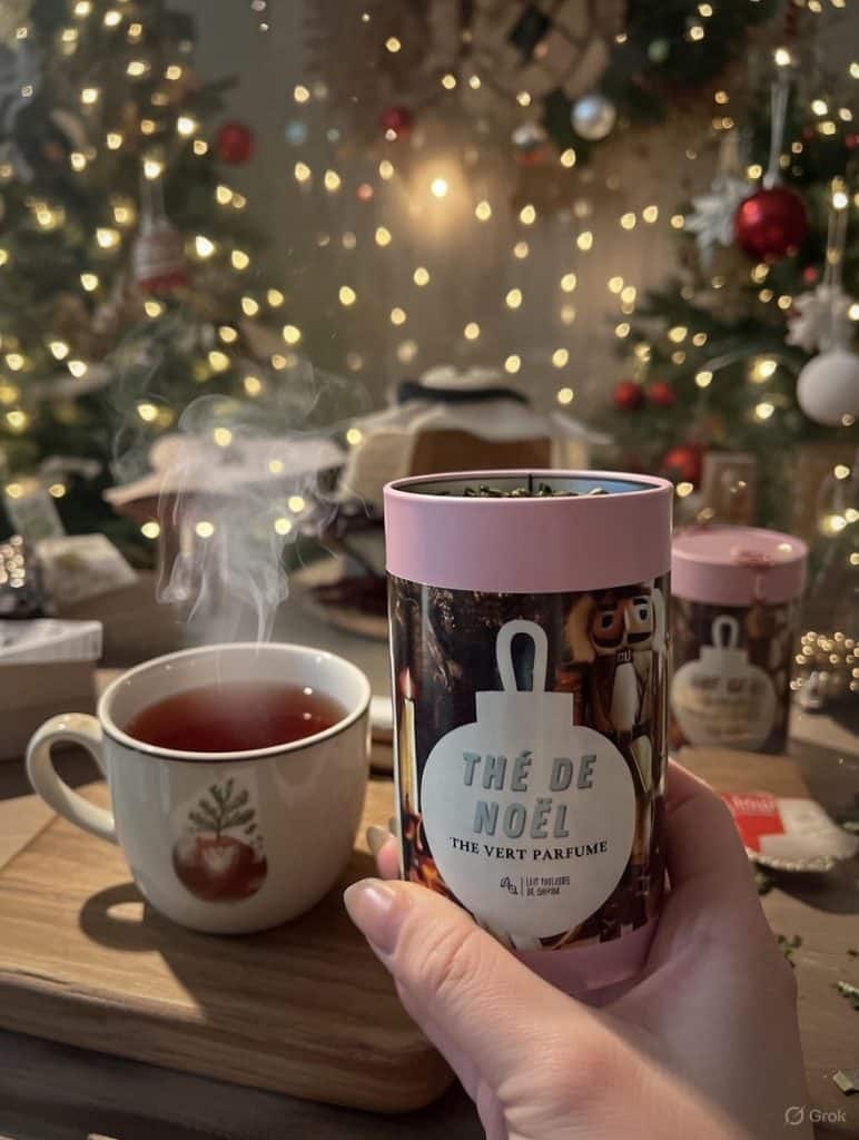 Notre Thé de Noël présenté dans sa jolie boite de 90gr est composé de (Ingrédients:) 🌱 Thé vert China Sencha 🍏 Pommes 🥨 Bâtons de cannelle 🍊 Ecorces & Tranches d'orange 🍊 Arôme naturel d'orange 🍂 AMANDE 🌺 Pétales & boutons de rose 🌰 Clou de girofle 🥜 Vanille Peut contenir des traces de lait et CONTIENT DES AMANDES
