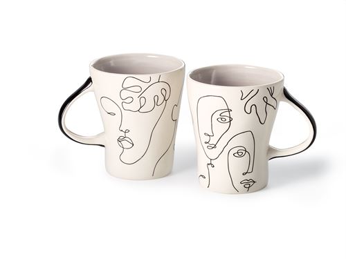 Mug visage en grès 350 ml avec lignes artistiques et feuilles de monstera.Une tasse design et inspirante, parfaite pour vos pauses créatives.