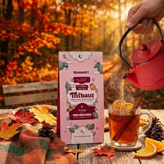 Dites Bonsoir à Thibaut, un rooibos fruité à l'orange, aux pommes et à la canelle. Une douceur espiègle pour accompagner la soirée.