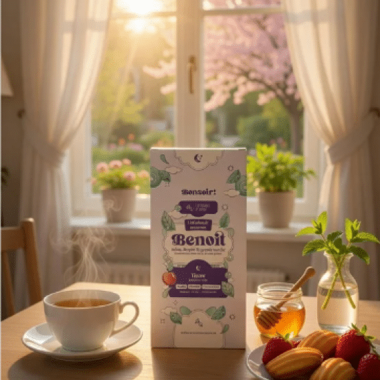 Dites Bonsoir à Benoît, un mélange frais et tendre mêlant menthe, basilic, rose et myrtilles. Une douceur calme et optimiste pour accompagner la soirée.