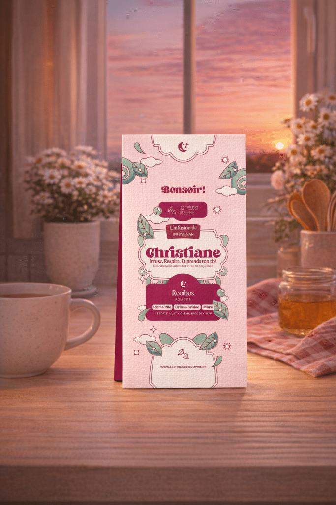 Dites Bonsoir à Christiane, un rooibos doux et crémeux aux riz soufflées, crÚme brûlé et mûre. Une chaleur profonde pour accompagner la soirée.