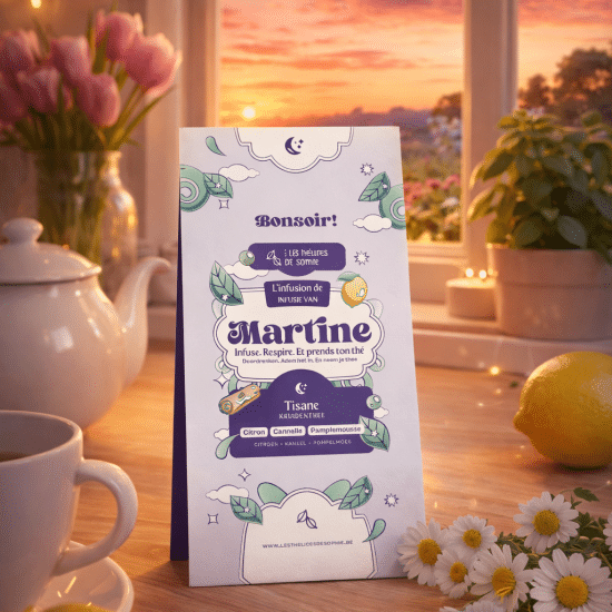 Dites Bonsoir à Martine, une infusion végétale et citronnée mêlant romarin, verveine, cannelle et agrumes. Une douceur calme pour accompagner la soirée.