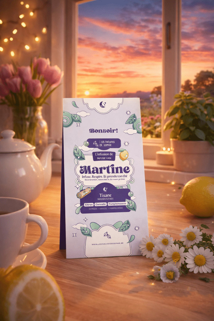 Dites Bonsoir à Martine, une infusion végétale et citronnée mêlant romarin, verveine, cannelle et agrumes. Une douceur calme pour accompagner la soirée.