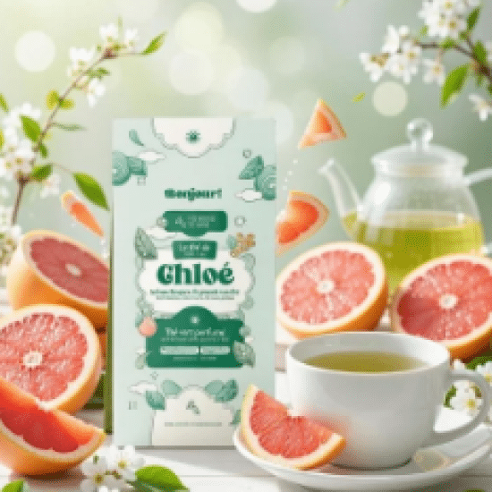 Dites Bonjour au thé de Chloé, un mélange vif et complexe mêlant thés verts, blanc, oolong, plantes et pamplemousse. Une clarté à chaque gorgée.