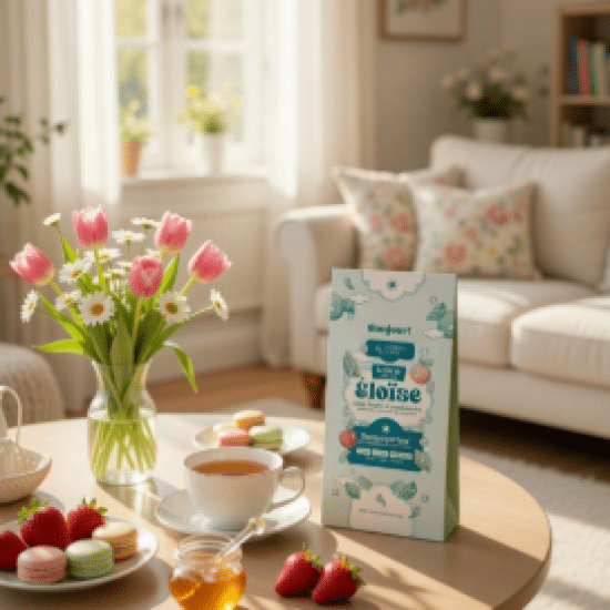 Le thé d'Eloïse est un thé doux et lumineux, mêlant thé vert, thé blanc, agrumes et fleurs dans une infusion apaisante et élégante.