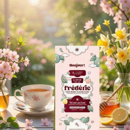 Dites Bonjour au thé de Frédéric, un mélange vif et aromatique mêlant thés noirs, agrumes et fleurs. Une énergie claire et affirmée dans chaque gorgée.