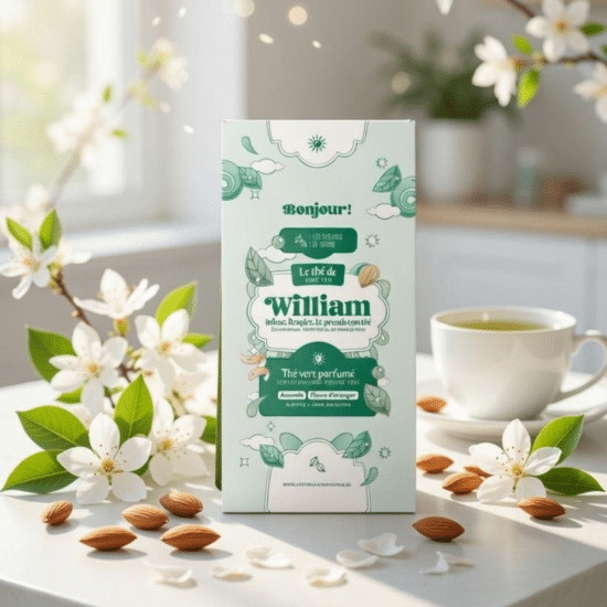 Dites Bonjour au thé de William, un mélange doux et lumineux mêlant Sencha, orange, amande et fleurs. Une tendresse calme et séduisante dans chaque gorgée.