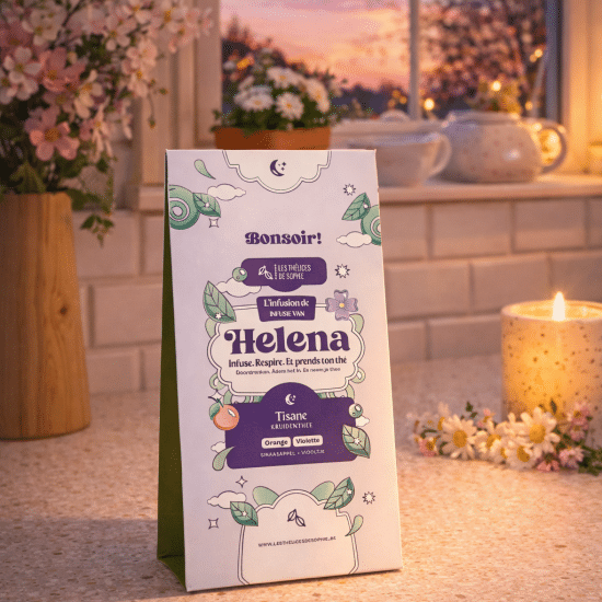 Dites Bonsoir à l'infusion d'Helena, un mélange doux, créatif et apaisant, mélant pomme, verveine, camomille et fleur d'oranger.