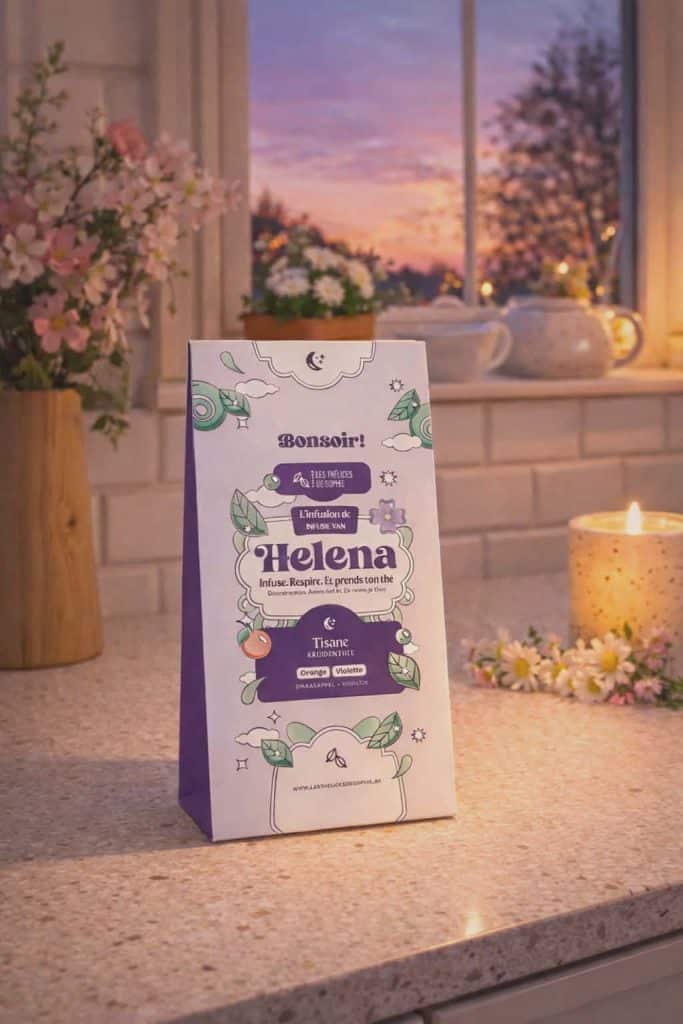 Dites Bonsoir à l'infusion d'Helena, un mélange doux, créatif et apaisant, mélant orange, violette, pomme,  et fleur d'oranger. Une harmonie lumineuse dans une tasse.