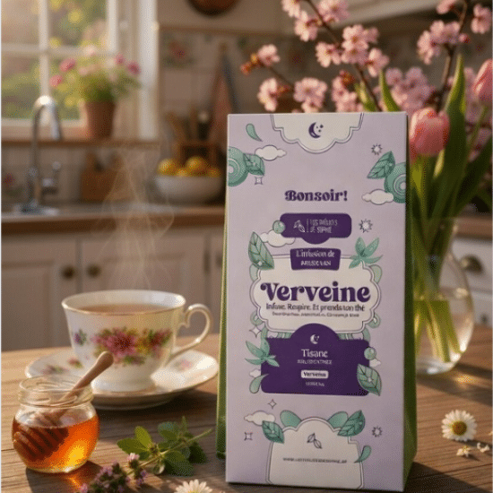 Dites Bonsoir à la Verveine, une infusion douce et citronnée. Une clarté végétale apaisante pour accompagner la soirée et t'aider à dormir.