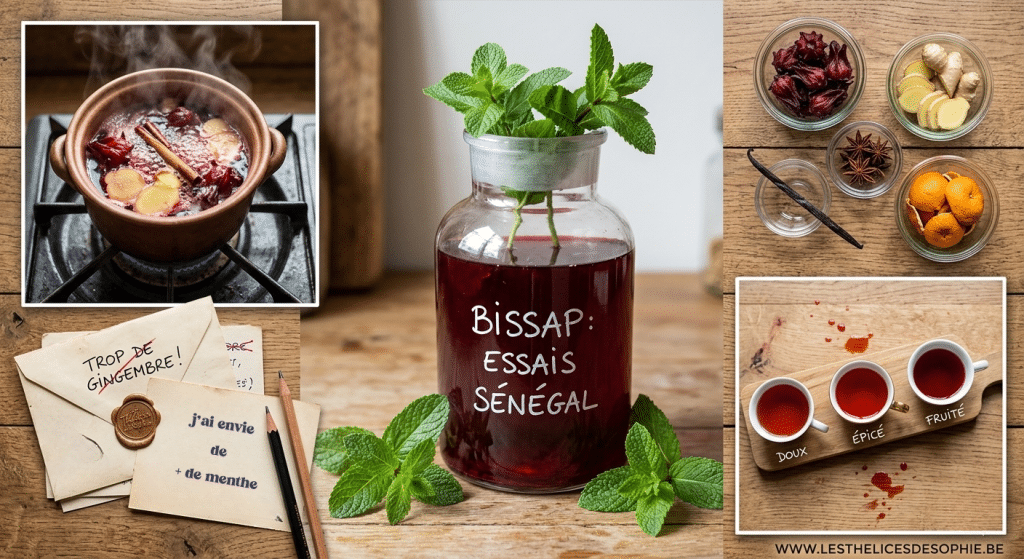 Trois verres de bissap illustrant les variantes de recettes du Sénégal, du Nigeria et du Cameroun.