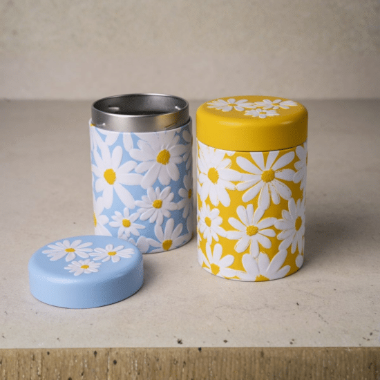 Boîte à thé métal Daisy décor marguerites en relief, couvercle à visser hermétique, 125g. Joyeuse et pratique. Livraison gratuite dès 61€. 🌼