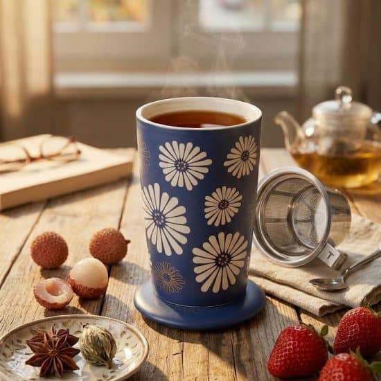 Tisanière double paroi en Porcelaine, infuseur en inox, couvercle et boîte cadeau inclus. Infuser ton thé devient un rituel visuel autant que sensoriel.