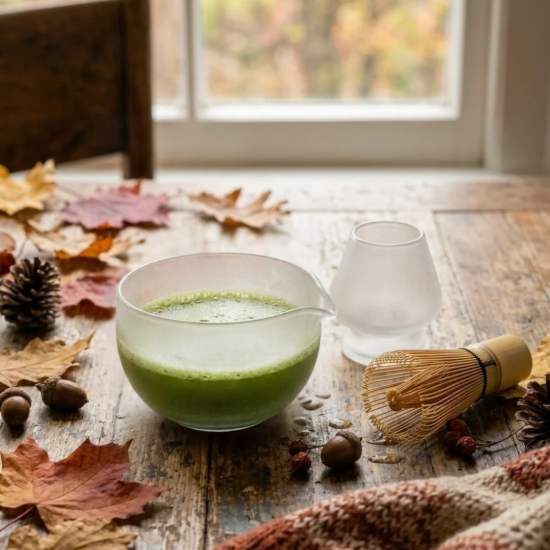 Service à matcha en verre satiné Saten : bol 0,4 L avec bec verseur et porte-fouet. Pour préparer ton matcha chez toi. Livraison BE, FR, LU.