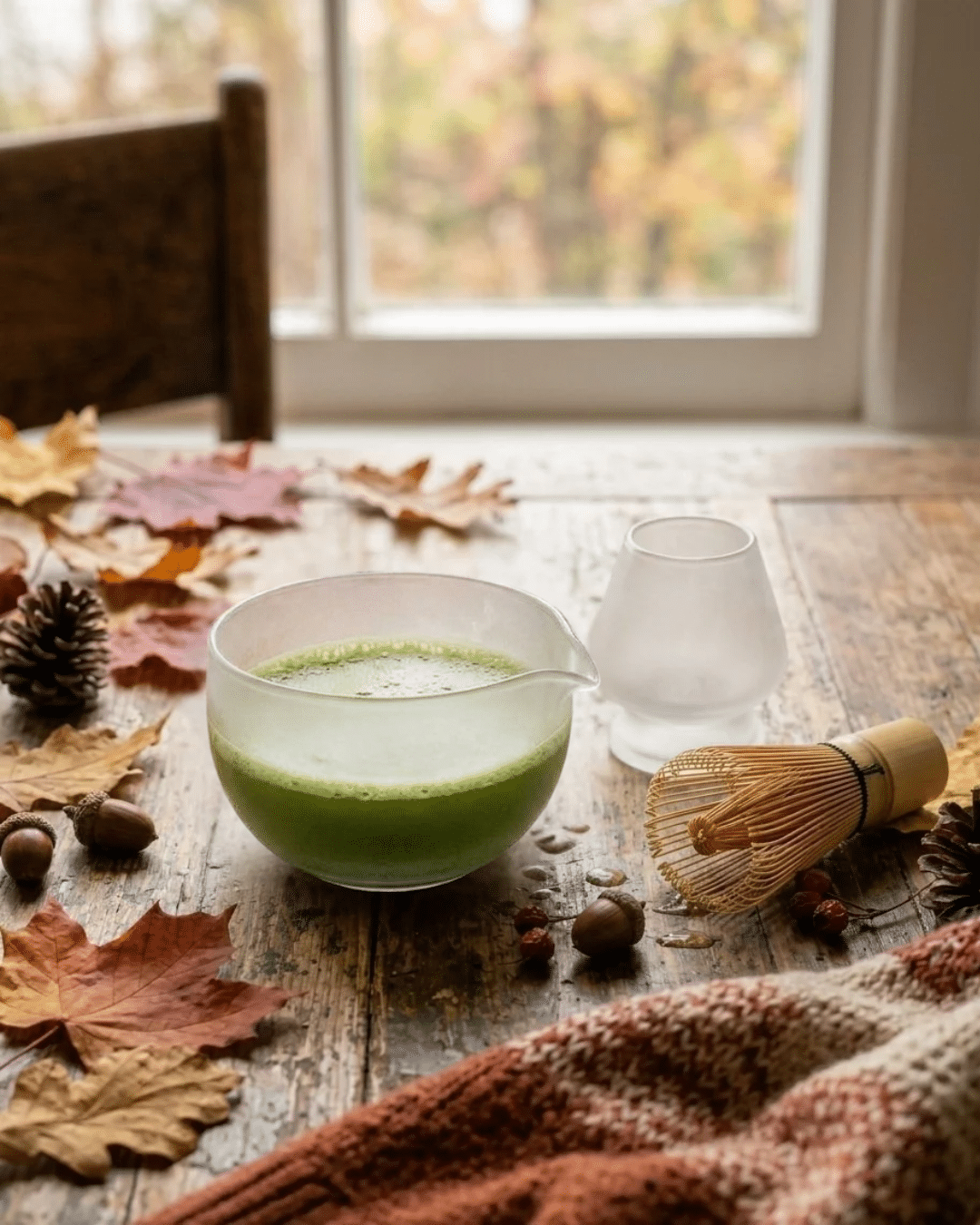 Service à matcha en verre satiné Saten : bol 0,4 L avec bec verseur et porte-fouet. Pour préparer ton matcha chez toi. Livraison BE, FR, LU.